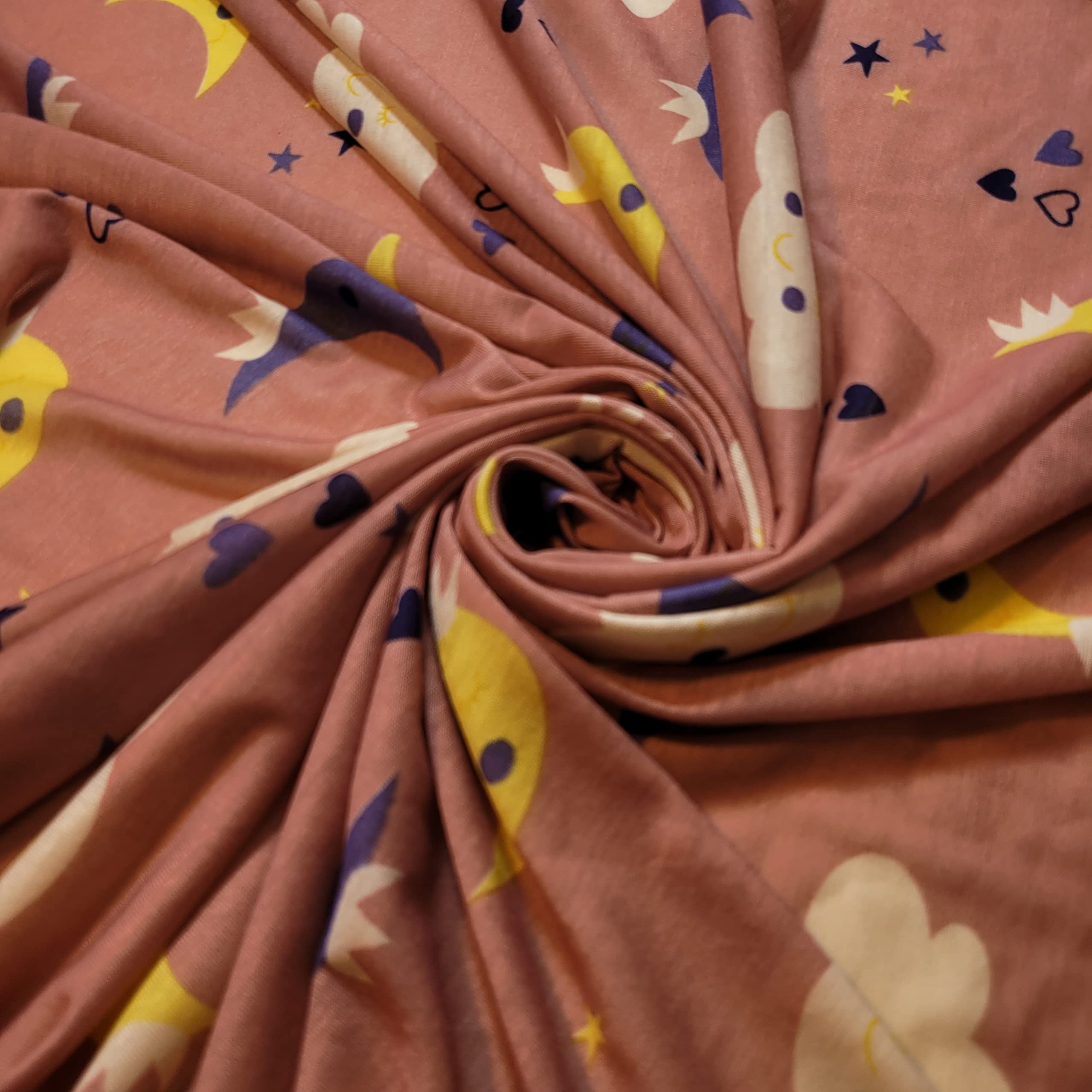 Soft Printed Cotton Jersey Stretch Knit Fabric – Ideal for T-Shirts, Babywear, Dressmaking & Crafts | 58" (150cm) Wide | Sold Per Meter (Pre-Cut) (Peach Cloud & Moon) — image 1