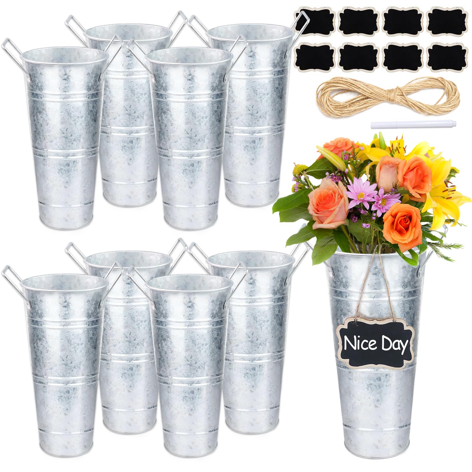 Photo 1 of 8 Set Galvanized Flower Buckets, 10 Inch Metal Vases for Flowers Rustic Flower Bucket Farmhouse Flower Bucket Vases with Small Chalkboard Label Flower Bar Supplies Rustic Vases for Home Garden Wedding