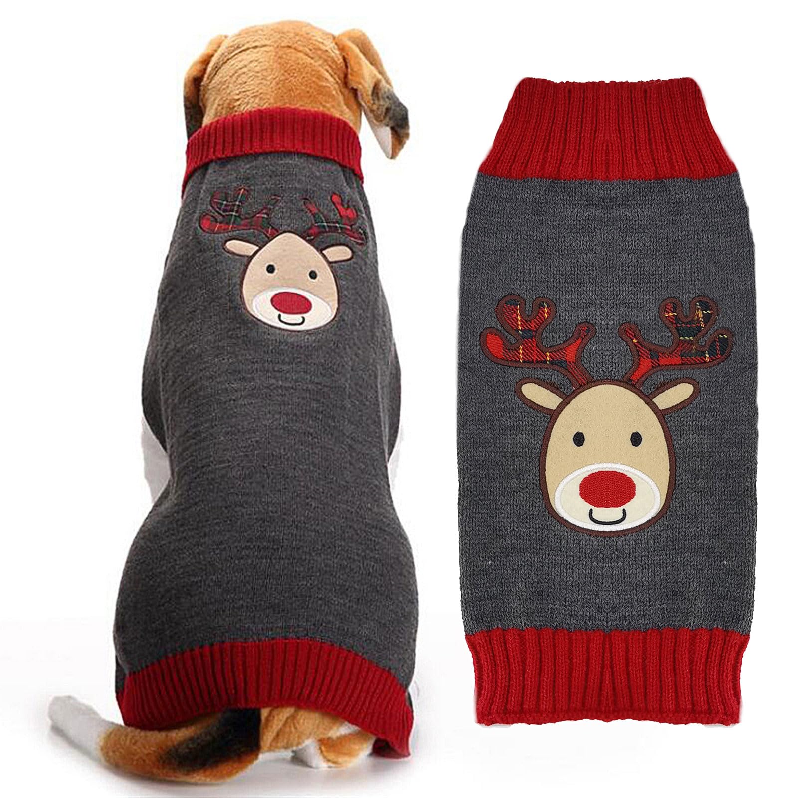 ABRRLO Dog Christmas Jumper Outfits Grey Reindeer Ugly Xmas Pet Sweater Puppy Cat Holiday Costume New Year Clothes Gift for Small Medium Large Dogs (Grey Reindeer,XXL)