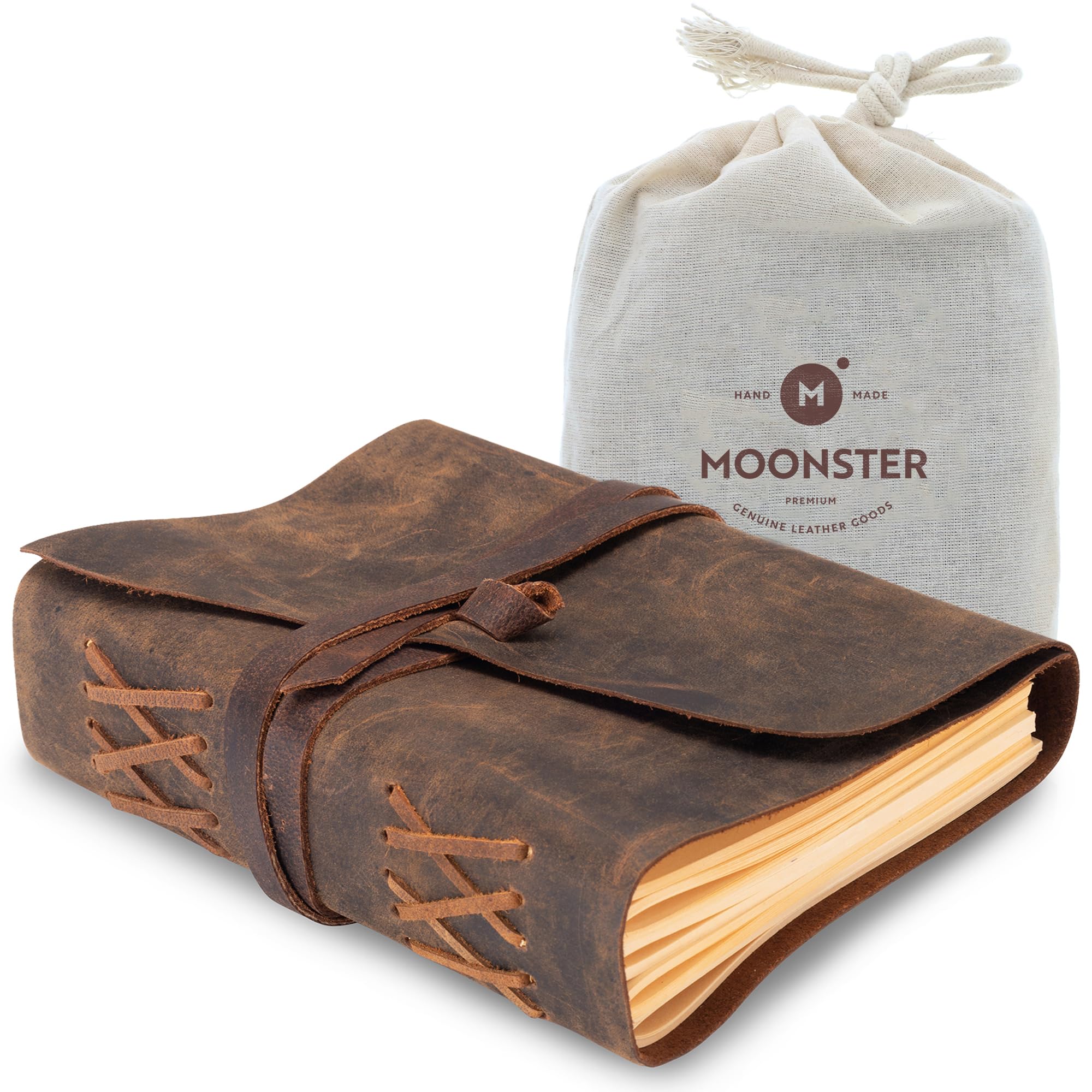 moonster Vintage Leather Journal Notebook – Non Refillable Leather Bound Writing Journal for Journaling, Diaries, Travel Size Notebook for Men & Women, Line 8x6
