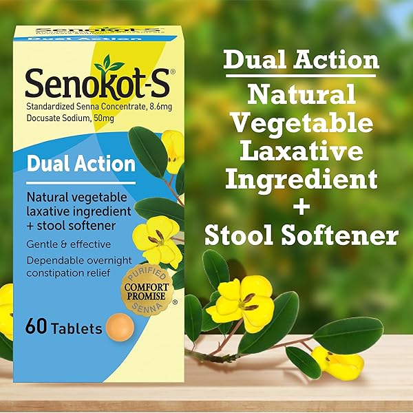 SENOKOT-S DUAL ACTION 60 TABLETS, NATURAL VEGETABLE LAXATIVE INGREDIENT PLUS STOOL SOFTENER TABLETS, GENTLE DEPENDABLE OVERNIGHT RELIEF OF OCCASIONAL CONSTIPATION WHITE