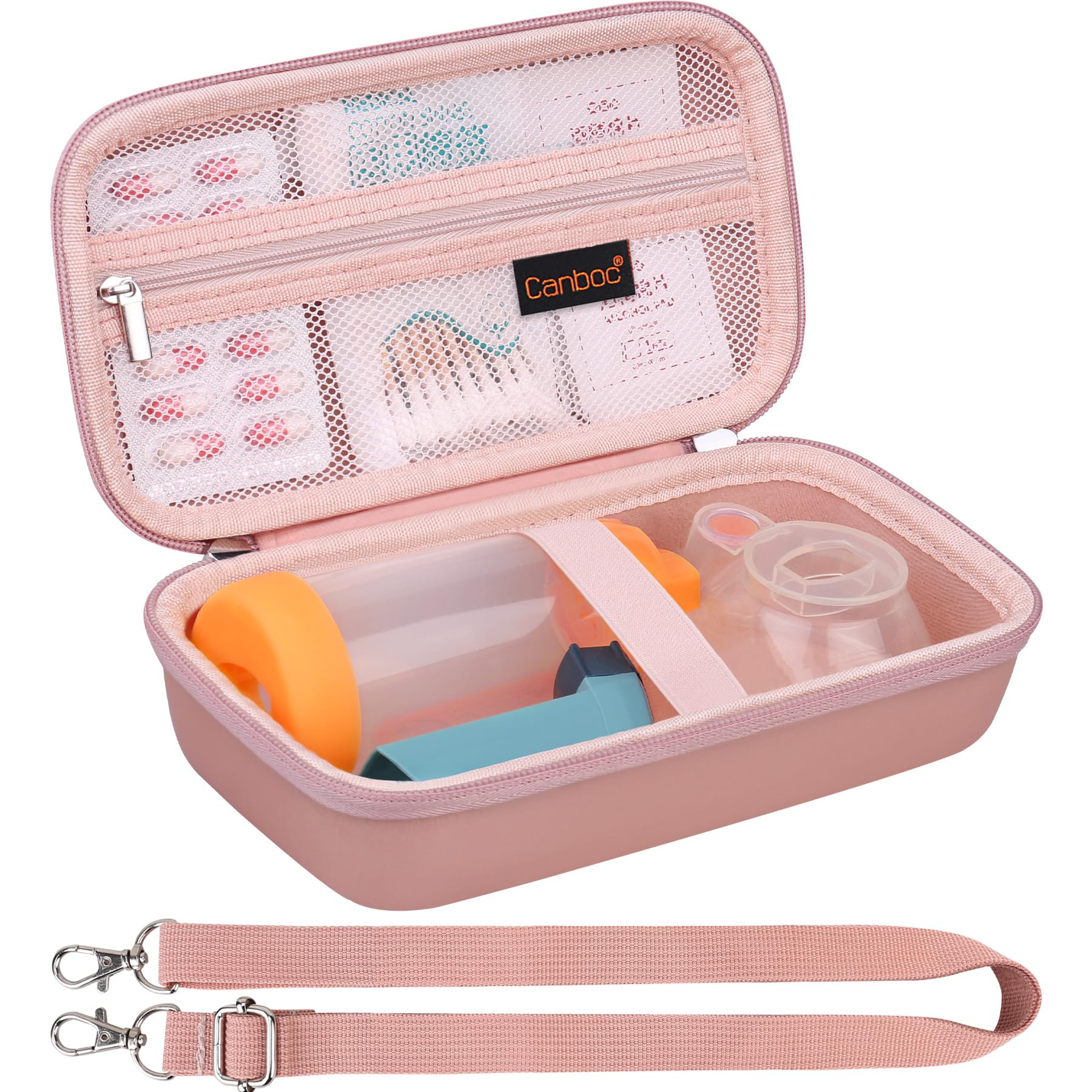 Canboc Carrying Case for Asthma Inhaler, Handheld Spacer for Adults and Kids, Mask, Inhaler Spacer Bag with Removable Shoulder Strap, Mesh Pocket fit Medicine or Essentials, Rose Gold (Case Only)
