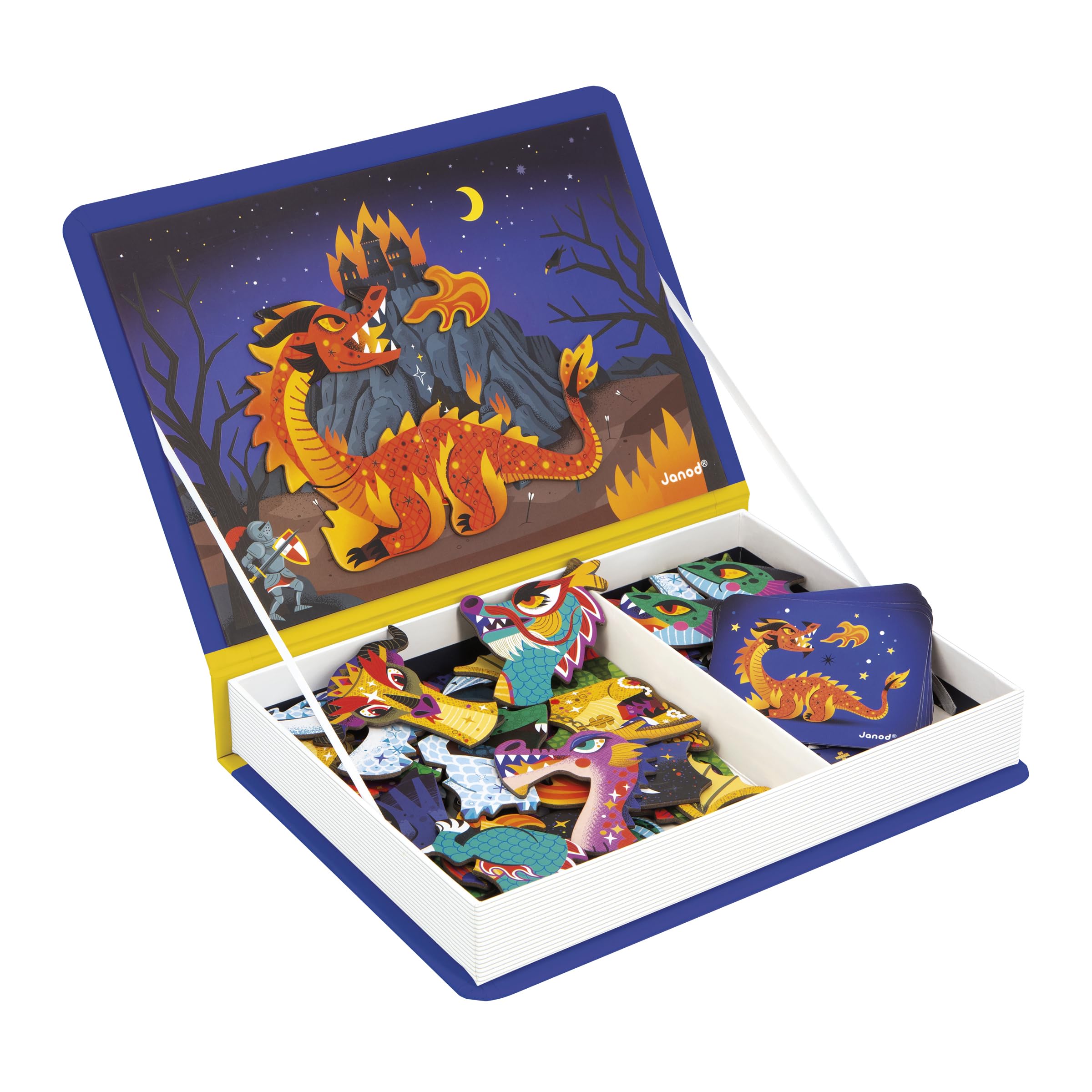 Janod - Magnéti'Book Dragons - Magnetic Educational Game 53 Magnets + 10 Models - Cardboard Children's Toy - Develops Dexterity and Imagination - from 3 Years Old - J02527, Purple