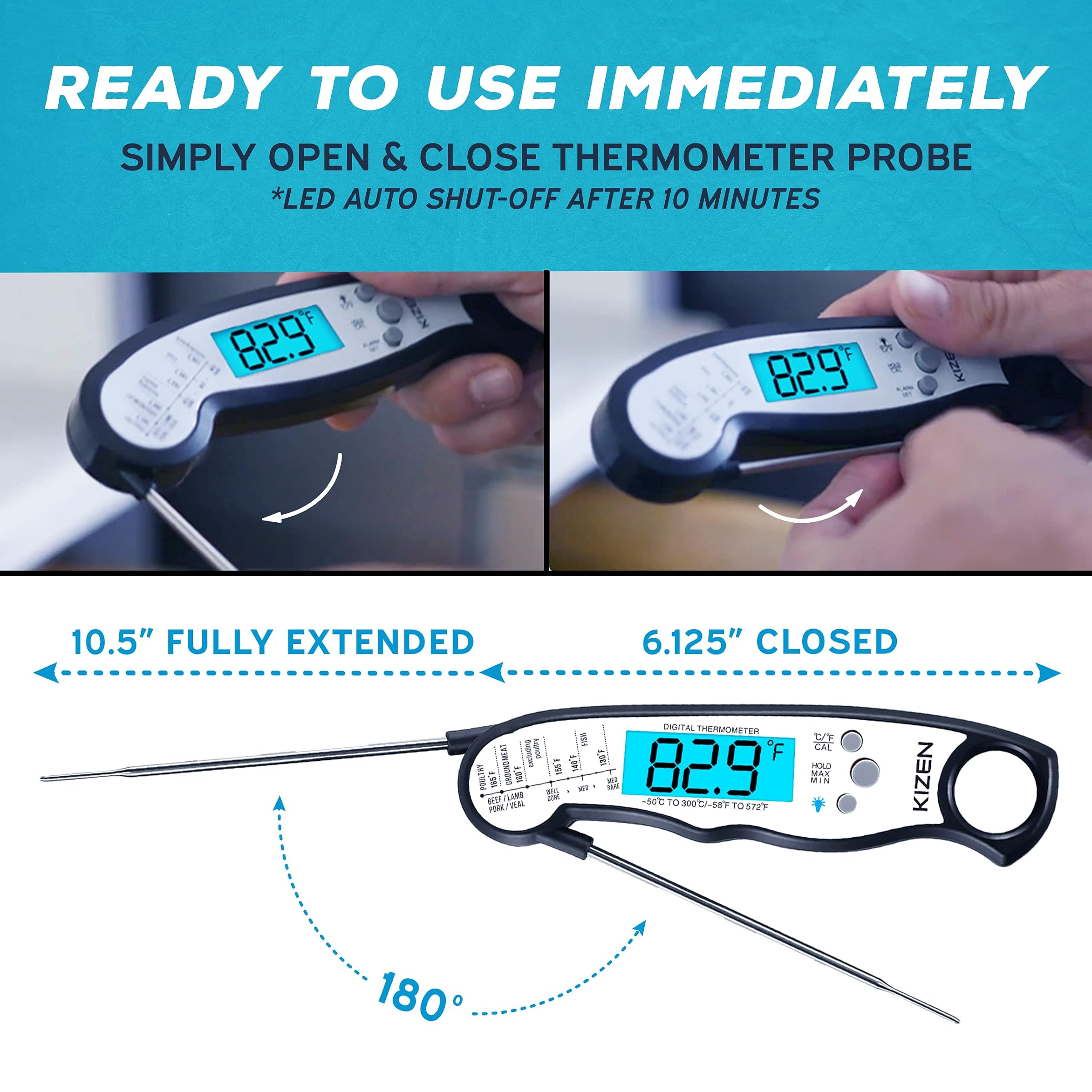 Kizen Instant Read Meat Thermometer - Best Waterproof Ultra Fast Thermometer with Backlight & Adjustable Function, Kizen Digital Food Thermometer for Kitchen, Outdoor, Cooking, BBQ, Grilling!