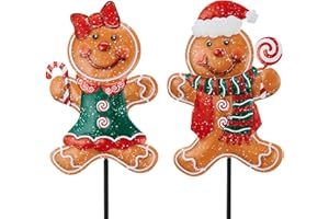 TERESA'S COLLECTIONS Metal Christmas Yard Stakes, Gingerbread Boy & Girl Outdoor Christmas Decorations for Home, 2 Pack Welcome Garden Stakes Sign with Candy, Waterproof Yard Xmas Party Gifts 30"