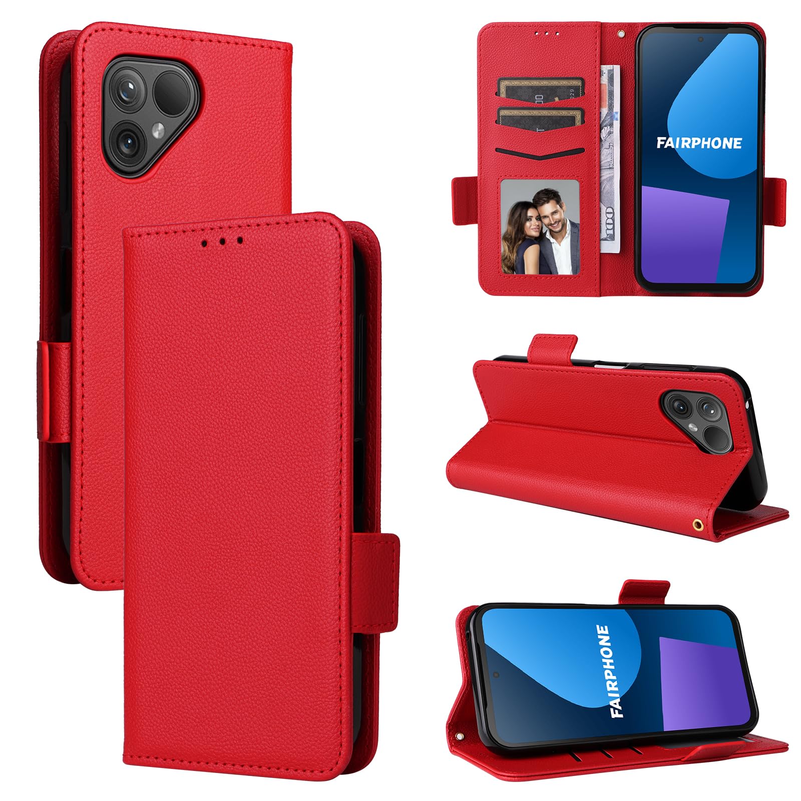 BELLA BEAR Fairphone 5 5G Phone Case, Magnetic Flip Leather Wallet Case, Kickstand Case, Shockproof Protective Case for Fairphone 5 5G-Red