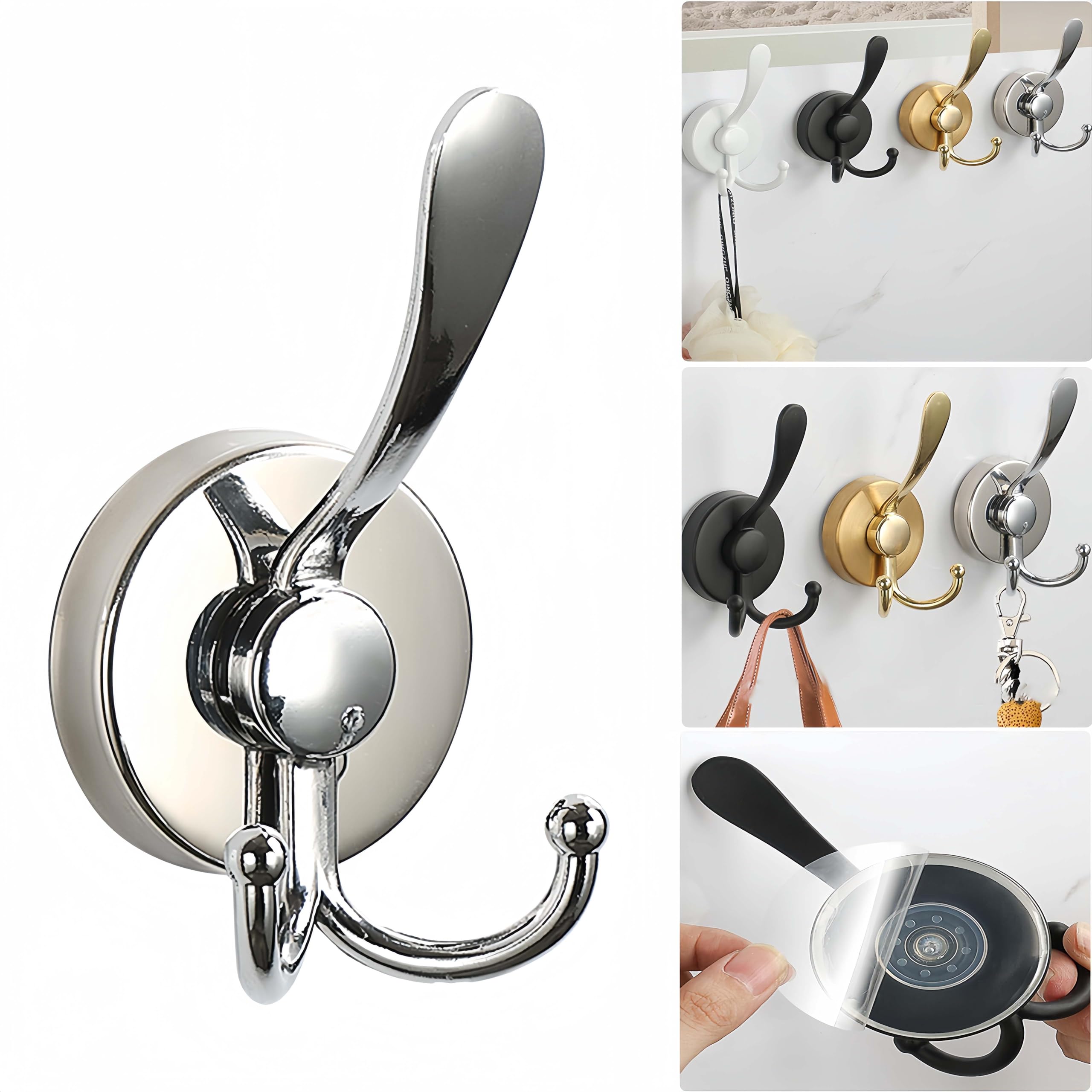 Boxonly No-Drill Suction Cup Duck Tongue Twin Hooks,2024 Upgraded Stainless Steel Waterproof Hooks for Bathroom,Shower,Kitchen,and Mirrors–Heavy Duty Towel Holders (Bright Silver)