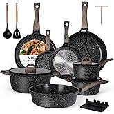 Ceramic Cookware Set 22 Piece Nonstick Pots and Pans Set Non Stick Kitchen Cooking Sets 8" Frying Pans with Lid,Black Granite