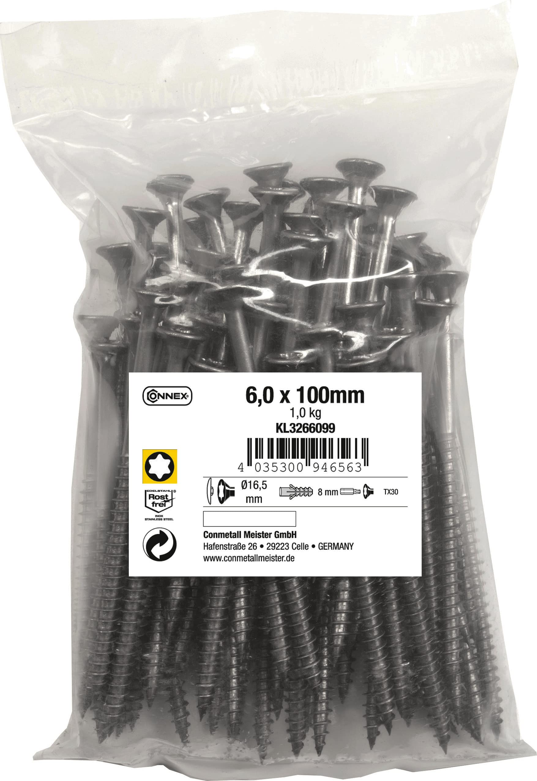Connex KL3266099 Universal Screws 6.0 x 100 mm - 1 kg Bulk Pack - Countersunk Head - TX Drive - Partial Thread - Stainless Steel/Screw Set/Screws in Bag