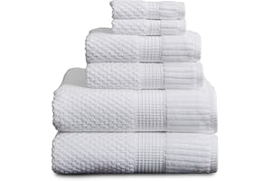 NY Loft 100% Cotton Bath Towel Set | 6 Piece Set - White Towels | Absorbent & Quick-Dry Bath Towels | Textured & Durable Cotton | Trinity Collection - Bright White