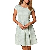 Allegra K Plaid Tweed Dress for Women's 2025 Fall Round Neck Cap Sleeve A-Line Vintage Pleated Dresses