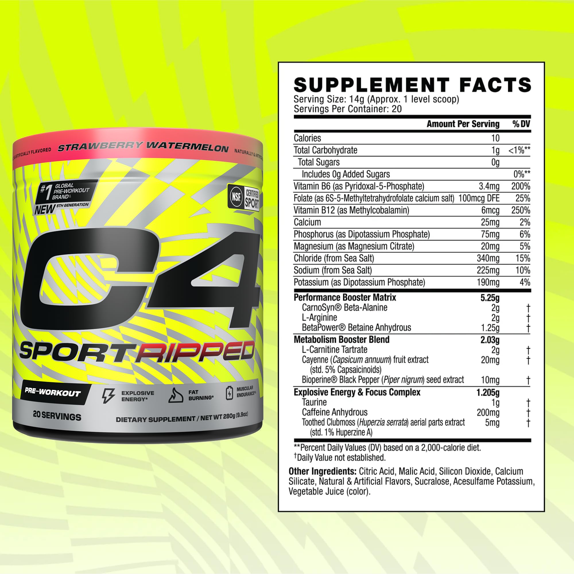 Cellucor C4 Ripped Sport Pre Workout Powder - NSF Certified for Sport - 200mg Caffeine + Cayenne Extract + Carnitine Tartrate + Beta-Alanine - Strawberry Watermelon, 20 Servings