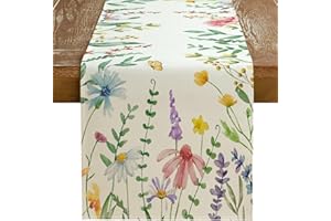 GEEORY Spring Table Runner 13x72 Inch Watercolor Wild Flower Farmhouse Rustic Holiday Kitchen Dining Table Decoration for Indoor Outdoor Dinner Party Décor