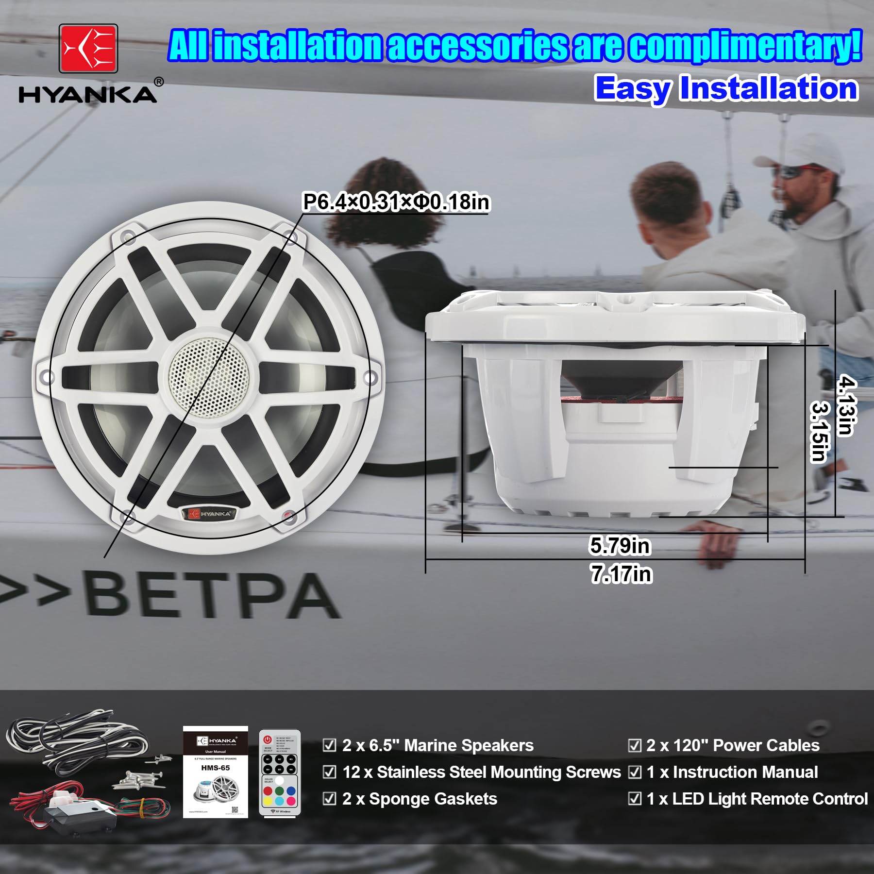 H YANKA HMS-65 6.5 Marine Speakers - 750W 2-Way IP67 Waterproof Boat Stereo System with LED Lights, High-Fidelity Coaxial Speakers, Y35 Magnet Woofer, UV & Salt Spray Resistant - 1 Pair (White)