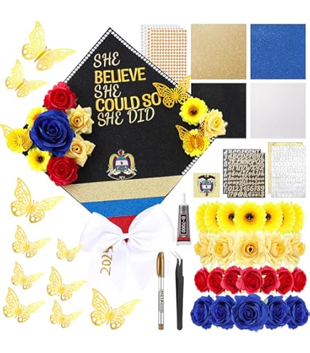 80UncleKimby Graduation Cap Decorations: DIY Grad Hat Topper Kit, Include Flowers Glitter Stickers Letters Butterflies - Handmade Decoration(No Glue, With Cap - View #2