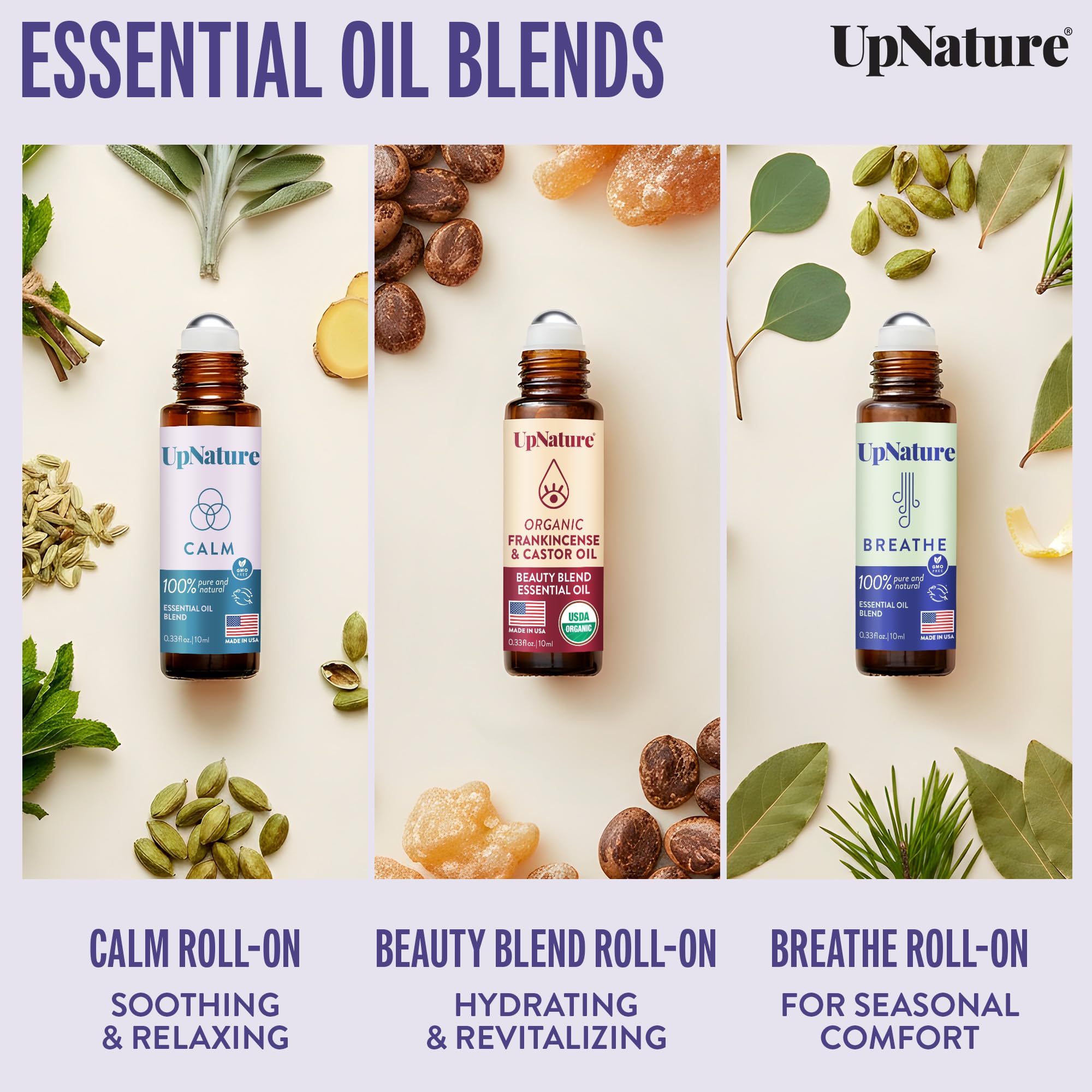 UpNature Self Care Stocking Stuffers for Women Essential Oils Roll On Set - Breathe, Beauty & Calm Oil Roller for Aromatherapy and Relaxation Stress Relief Gifts for Women
