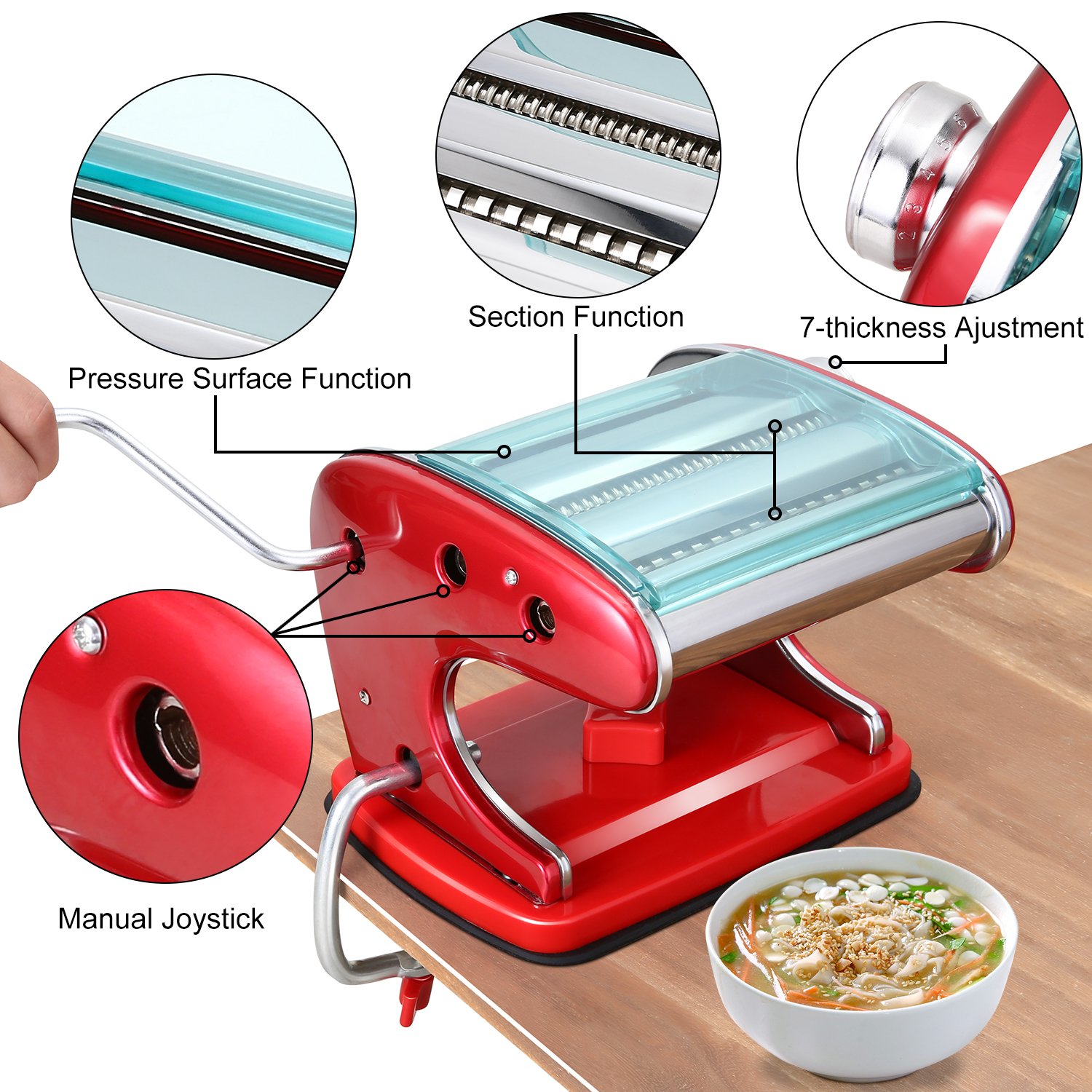 SAILNOVO Stainless Steel Noodles Machine, Red Pasta Dough Roller with Suction Base, Hand Crank and Clamp, 2 Blades for Spaghetti and Fettuccine