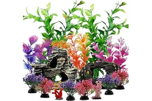 PietyPet Fish Tank Decorations Plants with Resin Broken Barrel and Cave Rock View, 15pcs Aquarium Decorations Plants Plastic,Fish Tank Accessories, Fish Cave and Hideout Ornaments, Aquarium Decor