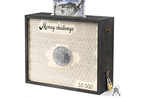 Mczxon 10000 Savings Challenge Box with Lock, Wooden Large 10k Money Saving Box Saver $10,000 Reusable Coin Money Challenge Cash Vault Saving Box Tracker Piggy Bank for Adults Kids, Blue