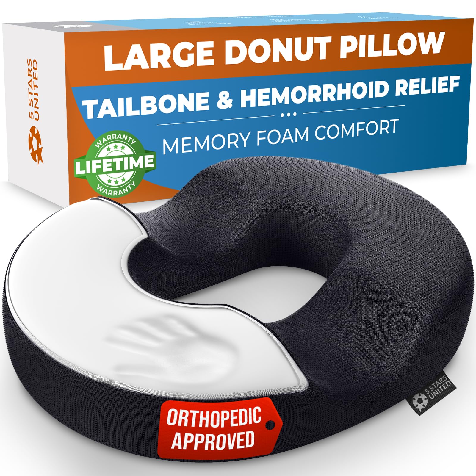 Photo 1 of 5 STARS UNITED Donut Pillow Hemorrhoid Tailbone Cushion – Large Cushion for Pain Relief – Coccyx, Prostate, Sciatica, Pelvic Floor, Pressure Sores, Pregnancy, Postpartum Recovery, Black