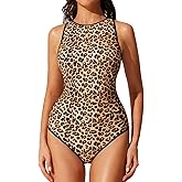 RXRXCOCO Women Tummy Control One Piece Swimsuit Ruched Slimming Bathing Suit Color Block High Neck Full Coverage Swimwear