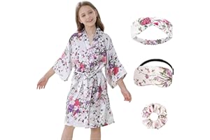 IVRRISS Kid Girls Silky Kimono Robes Party Set with Floral Patterns for Spa Brithday Wedding Short Robes
