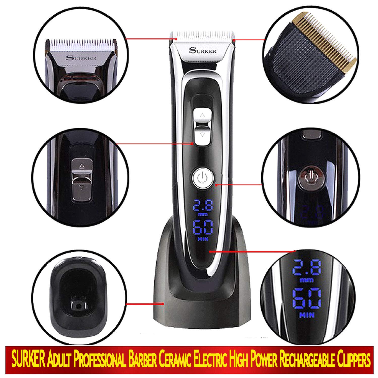 Professional Hair Clipper Cordless Clippers Hair Trimmer Beard Shaver Electric Haircut Kit Ceramic Blade Waterproof Rechargeable Battery LED Display for Men and Family Use with 2 Barber Scissors and 1 Barber Cape Cloth