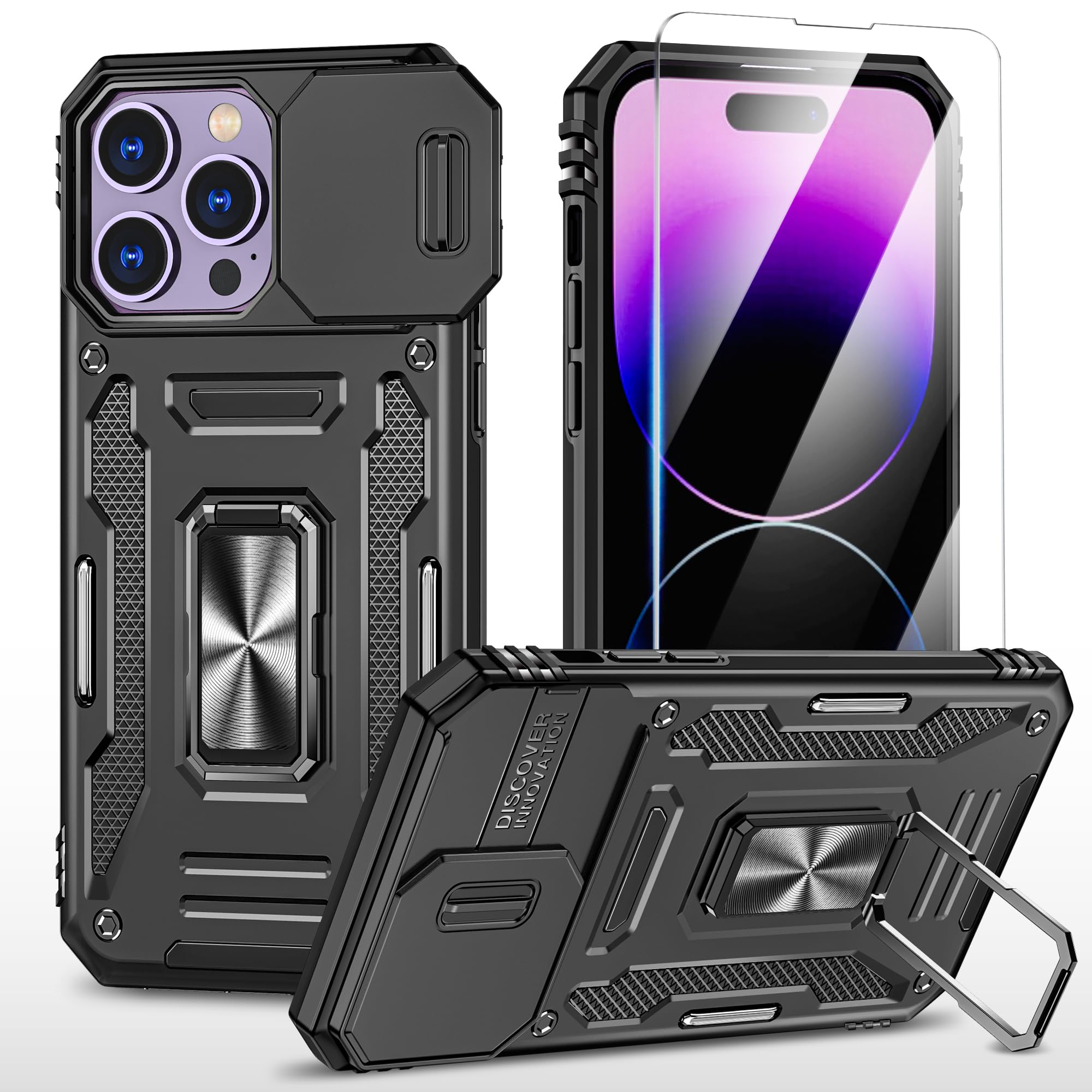 SunStory Compatible with iPhone 14 Pro Max Case with HD Screen Protector & Slide Camera Cover & Rotated Ring Kickstand, [Military-Grade] Phone Case for iPhone 14 Pro Max (Z_Black)