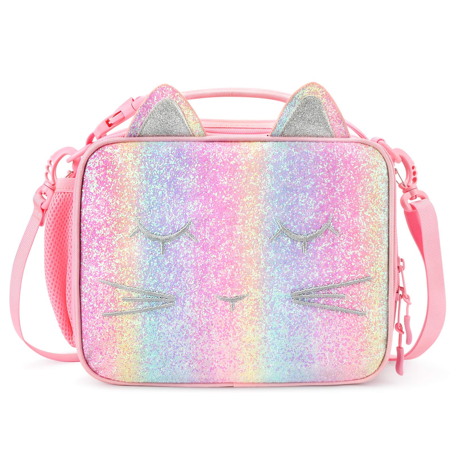 Girls Lunch Bag for Kids Rainbow Cat Lunch Box with Water Bottle Holder, Pink Blue Rainbow