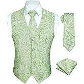 HISDERN Men's Vests Dress Suit Vest for Men Green 3pc Waistcoat & Tie Pocket Square Sage Green Paisley Vest Suit Tuxedo Formal Set Wedding Party