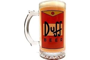 DUFF Beer Mug - (16oz) 470ml - The Simpsons Inspired - Thick Clear Glass - Artwork On Both Sides - Foam Protection - Gift