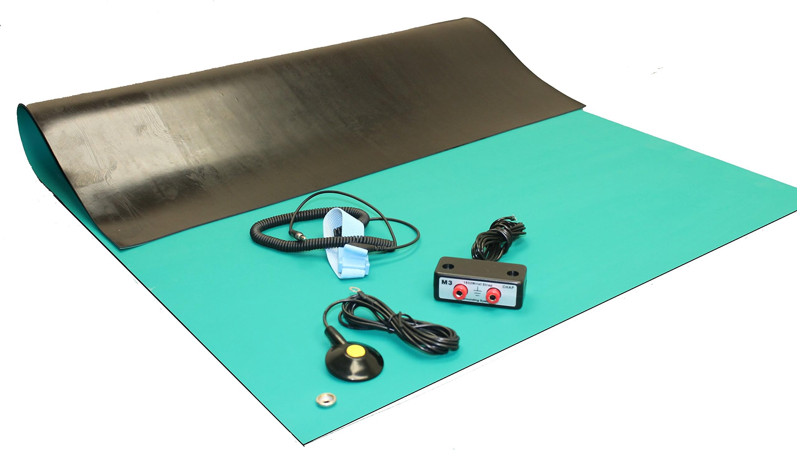ESD High Temperature Rubber Mat Kit with a Wrist Strap and Grounding Cord, Dual Bench Grounding, 36" X 96" (3' Wide x 8' Long x 0.08" Thick), Soldering Mat, Green
