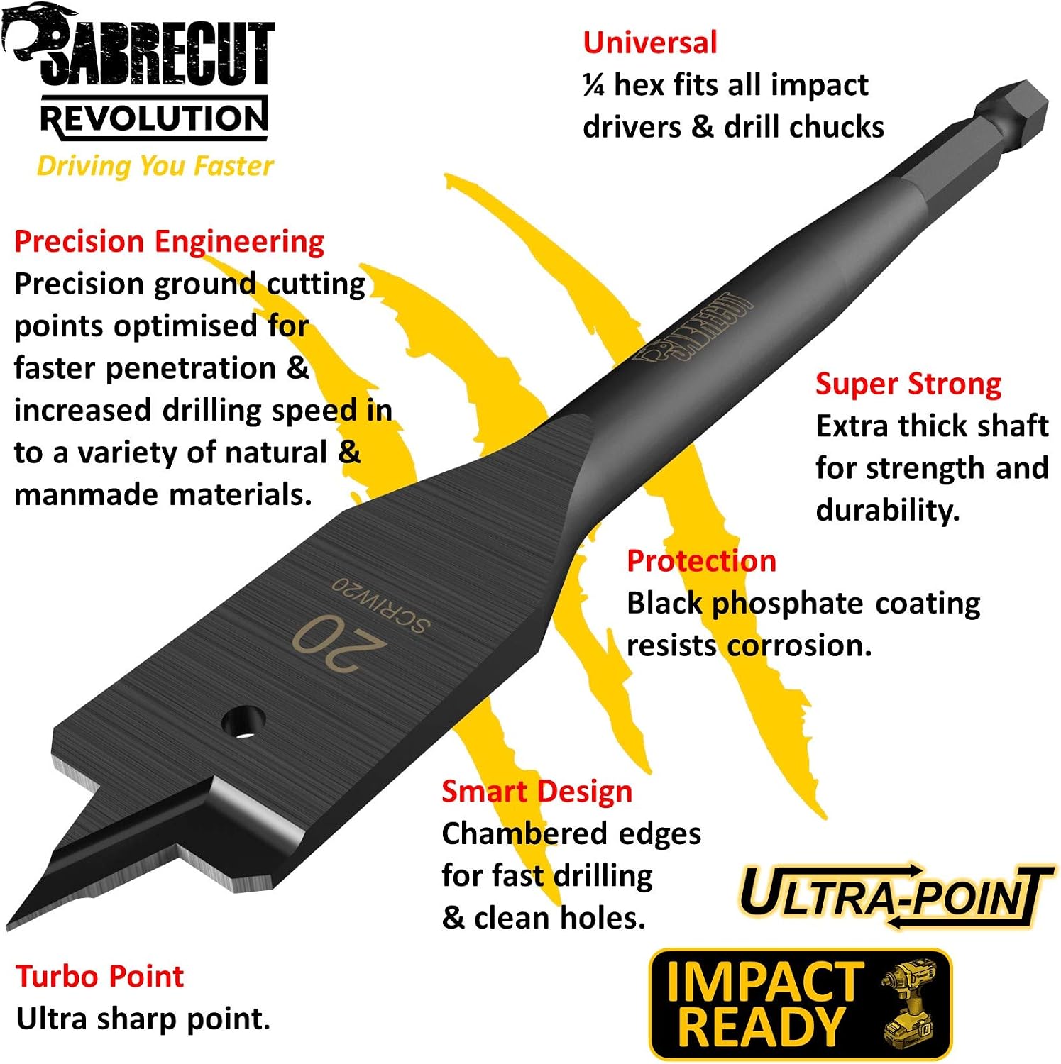 1 x SabreCut SCRIW20_1 20mm x 152mm Impact Rated Flat Wood Spade Bit for Softwood Hardwood Chipboard - Image 3