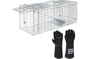 ANT MARCH Live Animal Cage Trap 32''x11.5"x13" Steel Humane Release Rodent Cage with Gloves for Rabbits, Stray Cat, Squirrel, Raccoon, Mole, Gopher, Chicken, Opossum, Skunk, Chipmunks, Groundhog