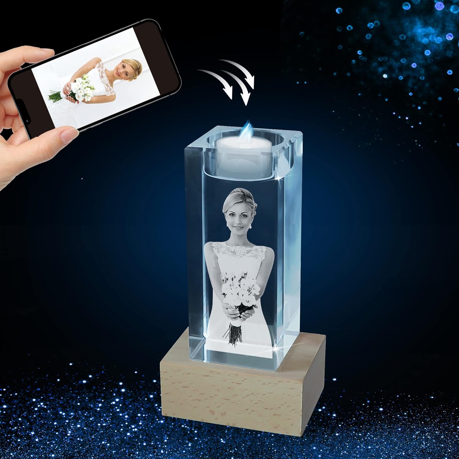 Photographs - TEXTURE OF DREAMS 3D Crystal Photo, Laser Engraved, with LED Light Base, Personalized Gift Ideas for Mom, Dad, Women. Custom Present for her, him. Customized Memorial, Candle Holder