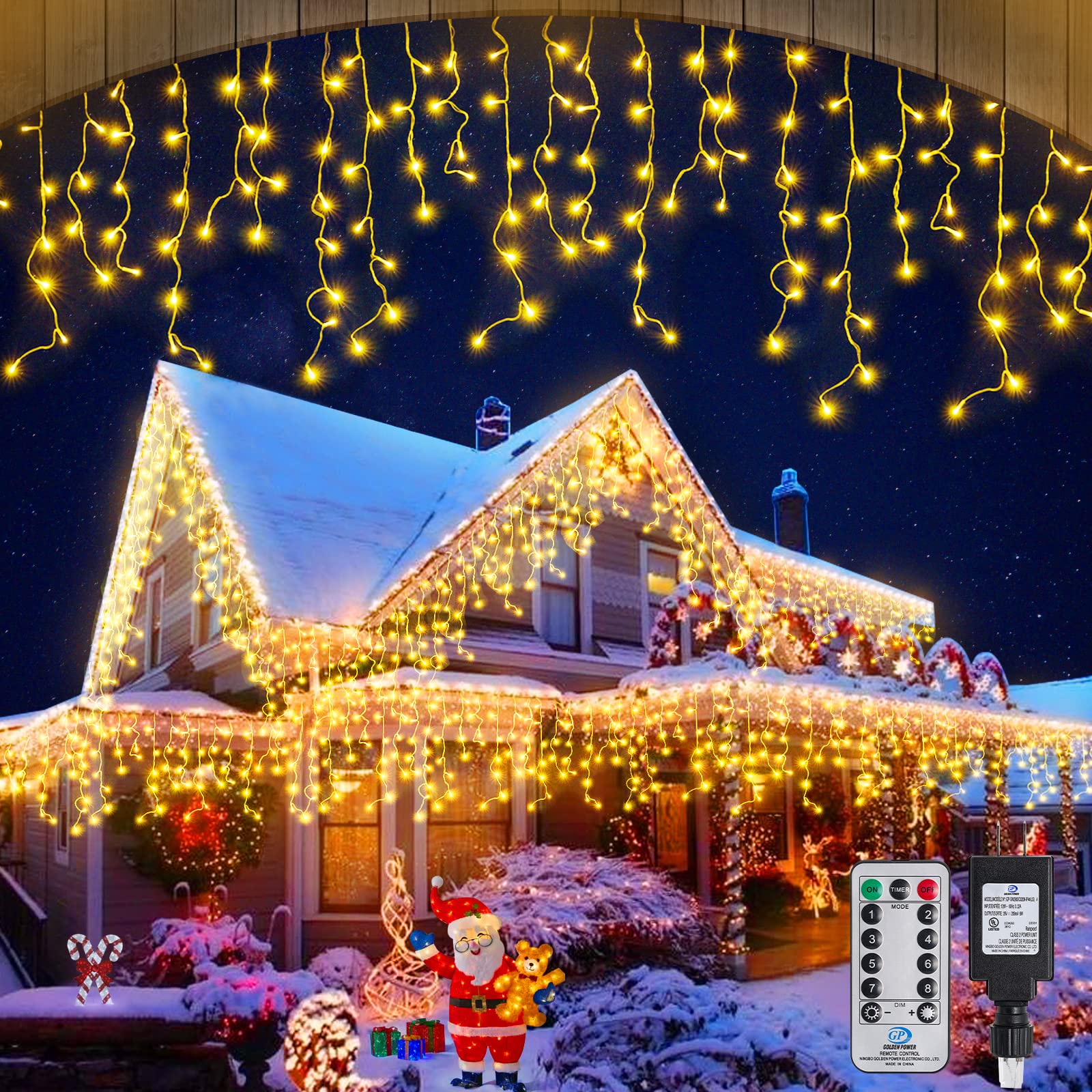 Photo 1 of Warm White Christmas Icicle String Lights - 65.6 FT with 120 Drops, 8 Light Modes for Outdoor Decorations - Wedding, Party and More