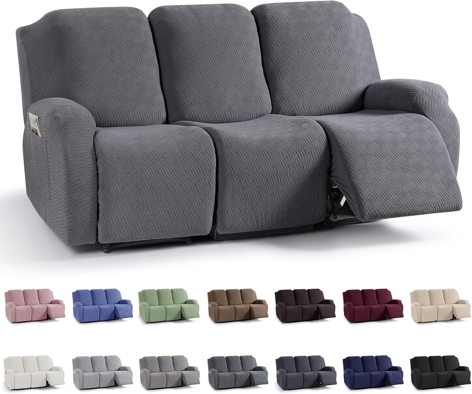 Slipcovers - KinCam Recliner Sofa Covers, Stretch Reclining Couch Covers for 3 Seat, Sofa Slipcovers Stripe Jacquard Recliner Covers Furniture Protector Covers with Elastic Bottom for Kids, Pets (Dark Gray)
