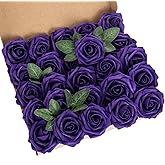 Exoment 25pcs Artificial Flower Foam Rose Real Touch Roses Flower Heads with Stem for DIY Wedding Bouquets Centerpieces Arrangements Party Baby Shower Home Decor (Purple)