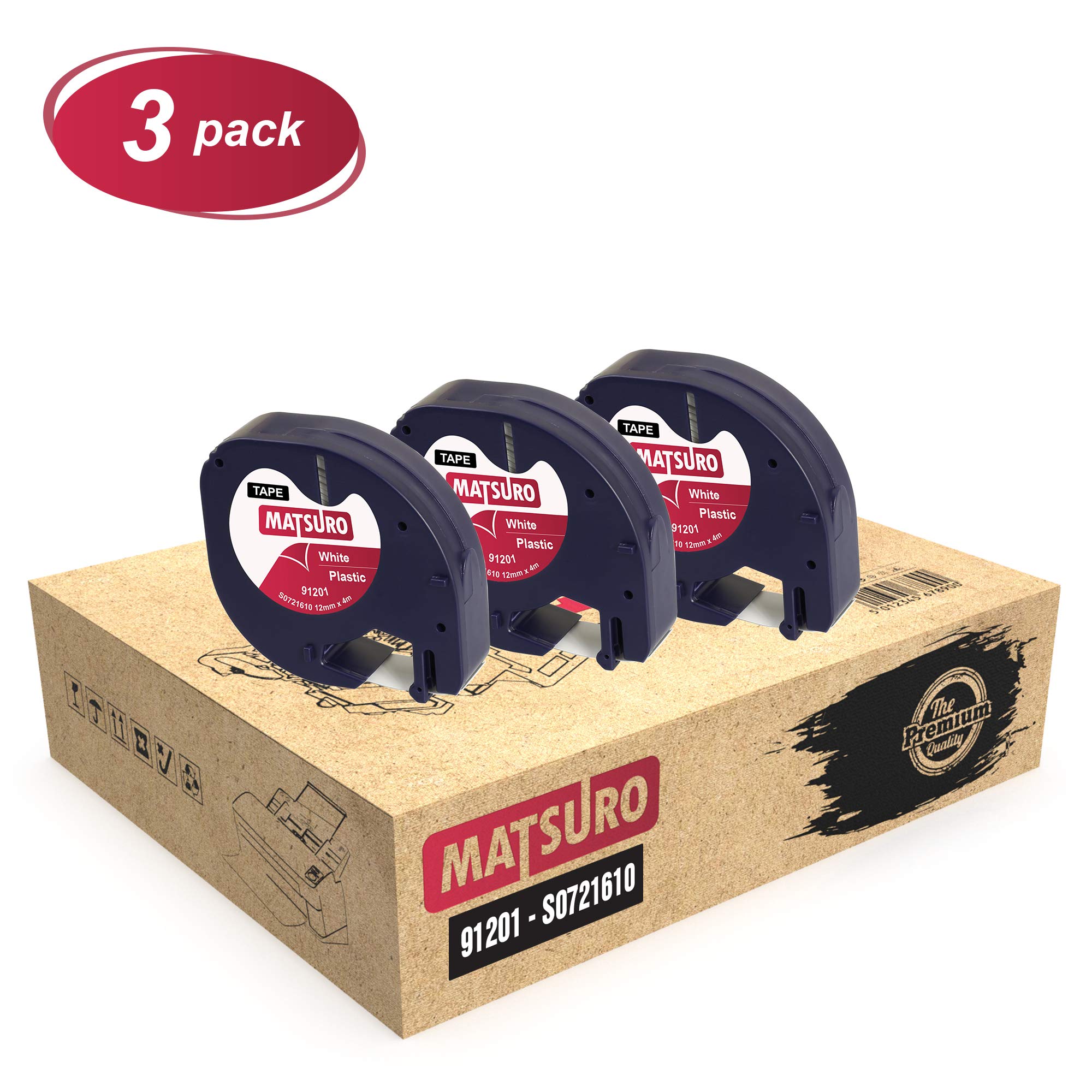 Matsuro Original | Compatible Plastic Label Tapes Replacement for DYMO LetraTag 91201 S0721610 S0721660 Black on White (12 mm x 4 m | 3 Pack)