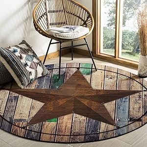Western Texas Star Area Rug Round Rugs 3ft, Rustic Wood Grain Collection Area Runner Circle Rug (Non-Slip) Carpets Kids Living Room Bedroom Indoor Outdoor Nursery Rugs Décor