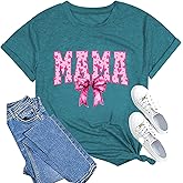 Mama Shirts for Women Pink Bow Graphic Mom Tshirt Loose Short Sleeve Mother Life Tops Tee
