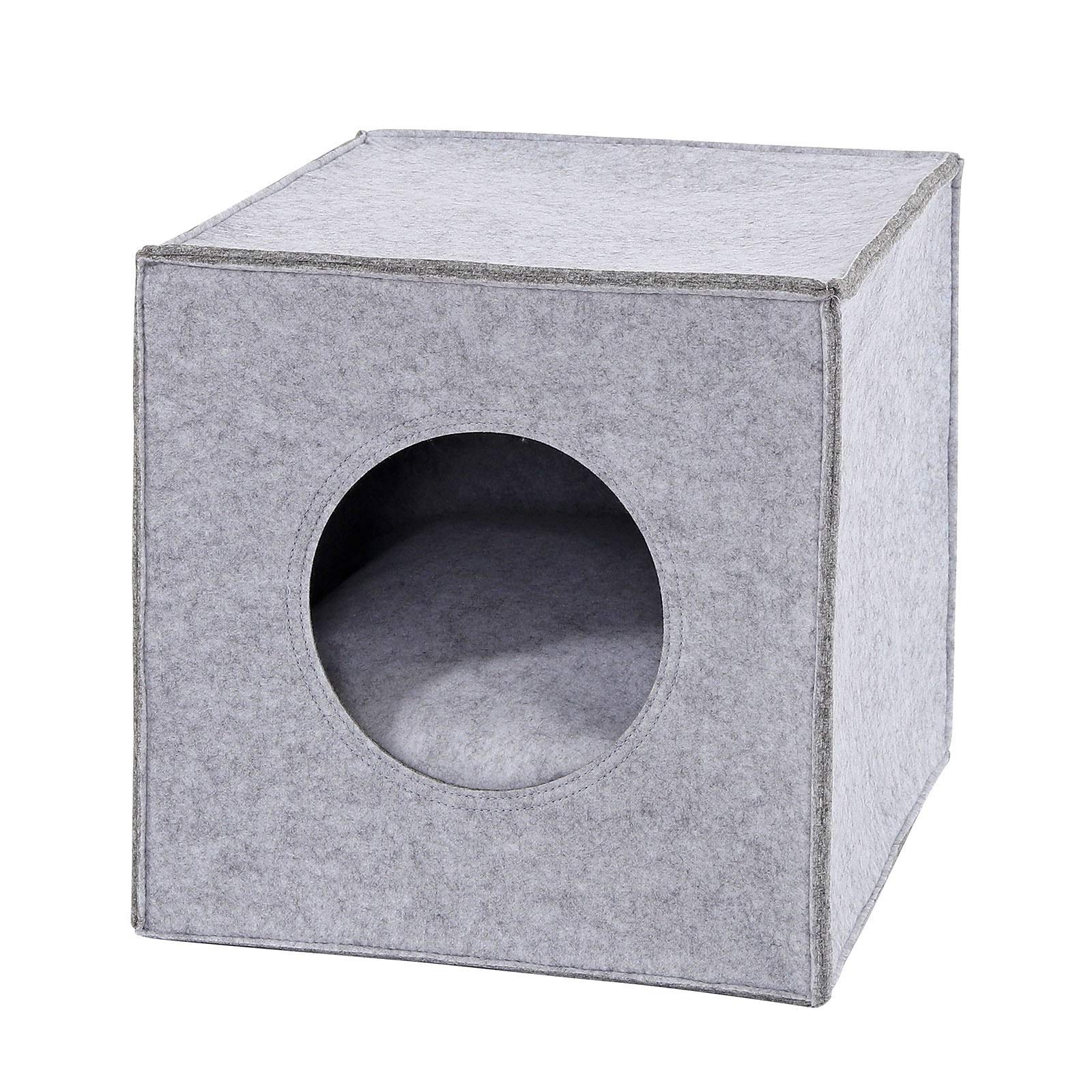 lionto Cat cave made of sturdy felt suitable for shelves & other shelving systems, 33x37x33 cm, cat bed foldable in cube shape free-standing, easy-care, with cozy cushion, light grey