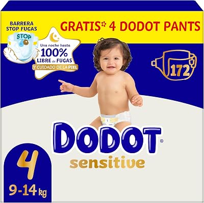 Pañales Bebé Sensitive Talla 4, 172 Pañales, 9kg - 14kg, Óptima Protección de la Piel de Dodot