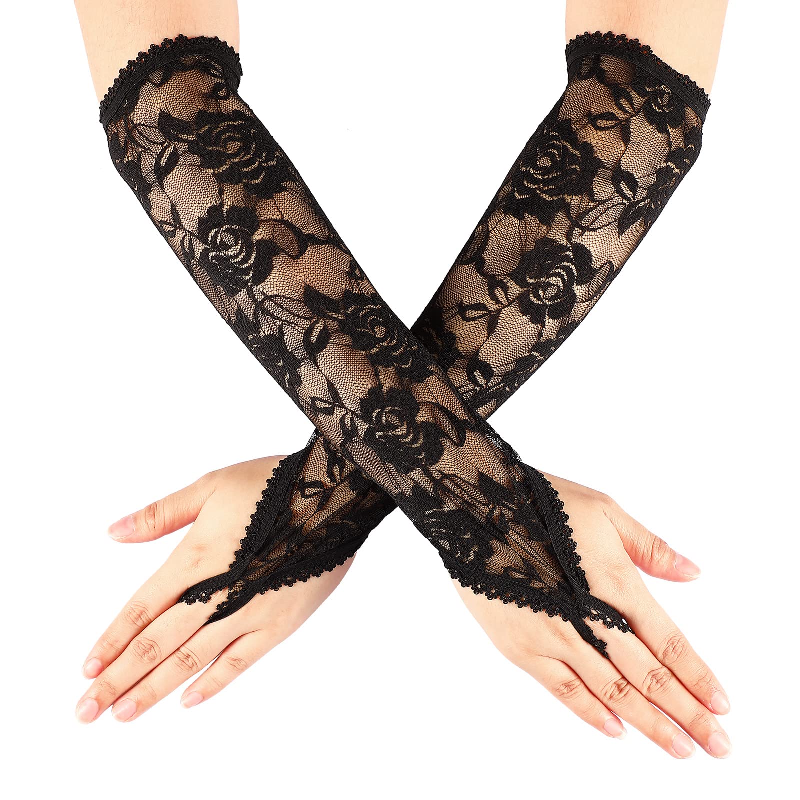 Neer Long Lace Gloves Long Evening Black Opera Fingerless Mittens Elbow Length Lace Gloves Flapper Accessories 1920s Halloween Costume Bridal Fancy Dress Mittens for Women and Girls