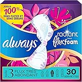 Always Radiant Feminine Pads for Women, Flexfoam Pads with Wings, Size 3, Extra Heavy Absorbency, Lightly Scented, 30 Count