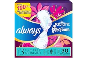 Always Radiant Feminine Pads for Women, Flexfoam Pads with Wings, Size 3, Extra Heavy Absorbency, Lightly Scented, 30 Count