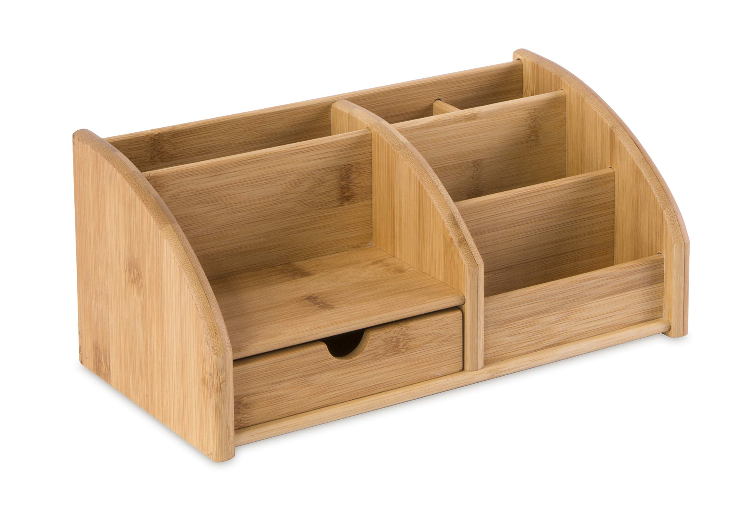 Osco Bamboo 6-Compartments & 1 Drawer Desk Organiser, Wooden Pen & Stationery Holder, Makeup & Cosmetics Sorter, Office Desktop Storage, Slim Desk Tidy, Natural Bamboo Color, No Assembly Required