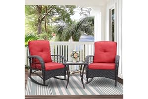 Skypatio Outdoor Wicker Rocking Chairs Set of 2 and Coffee Table, 3 Pieces Patio Bistro Furniture Set with Comfortable Cushio