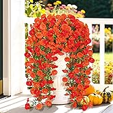 Artificial Fake Fall Hanging Flowers for Outdoors, 2 PCS Faux Silk Morning Glory Trailing Vines UV Resistant No Fade Hanging Plants for Autumn Home Balcony Yard Box Pot Planter Decor (Orange Red)