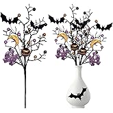 RSACCSKY 3 Pack Artificial Halloween Floral Picks Purple Orange Black Berry Stems Halloween Tree Branches with Glitter Ball for Halloween Party Flower Arrangement Centerpieces (Black)